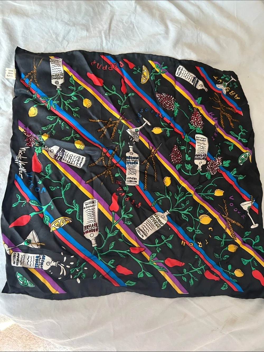 Nicole Miller vintage 1991 Black Silk Scarf with Multicolor Absolut Vodka design